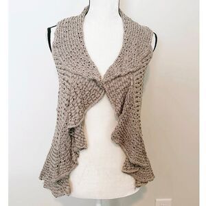 INC International Concepts Beige and Gray Open Front Ruffled Fitted Cardigan